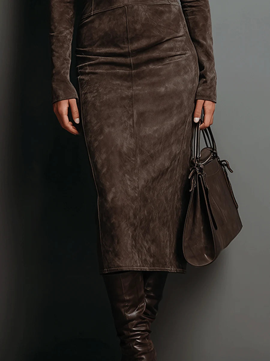 Lorena | Abito Midi Effetto Suede con Collo Alto e Maniche Lunghe