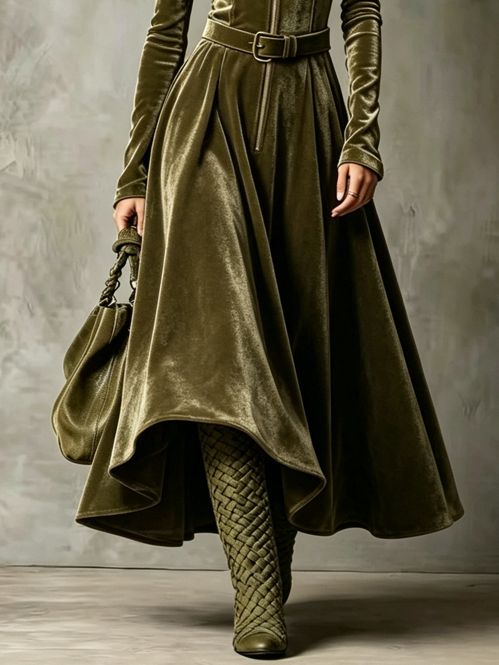 Elisabetta | Abito Lungo in Velluto Verde Oliva con Zip Frontale in Stile Vintage (cintura inclusa)