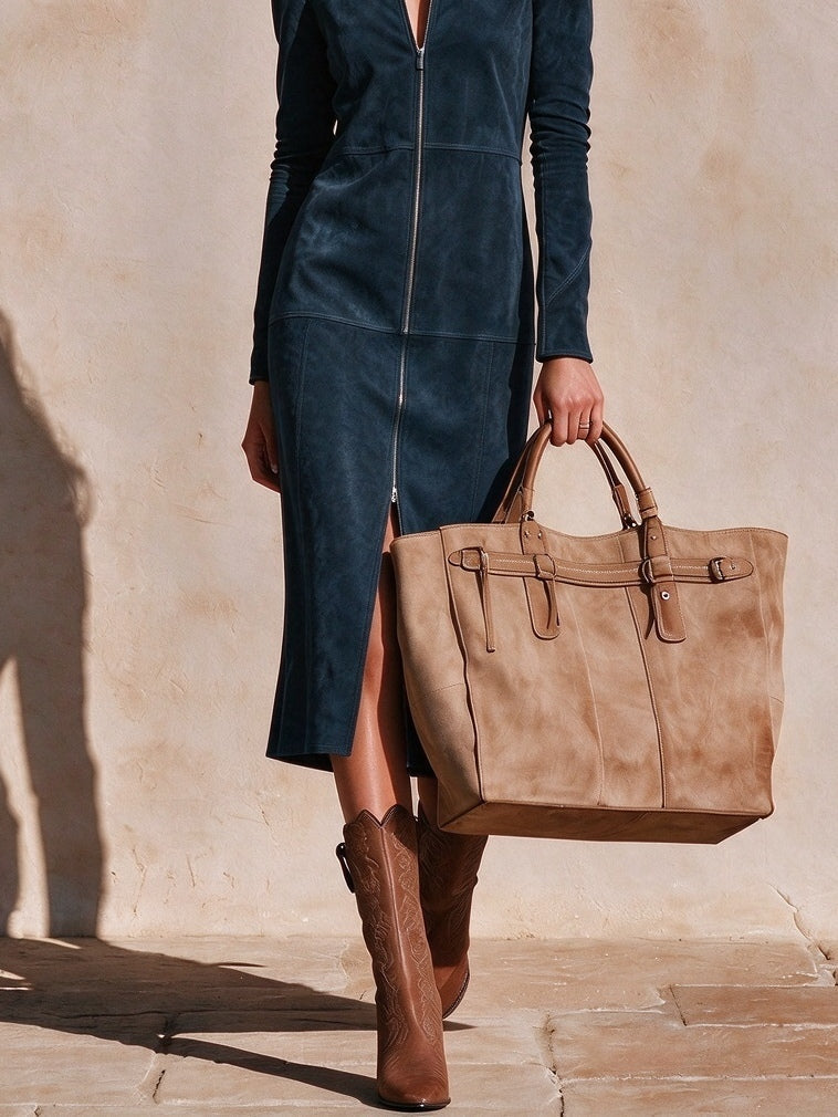 Genoveffa | Abito Midi Dritto in Finta Suede con Zip Anteriore Blu Navy