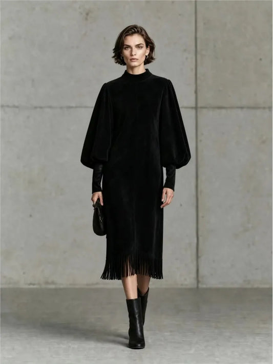 Clelia | Abito Midi Effetto Suede con Maniche a Lanterna e Orlo con Frange