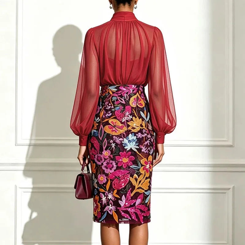 Leda | Abito Midi con Collo Alto in Tulle e Gonna Ricamata a Fiori con Paillettes