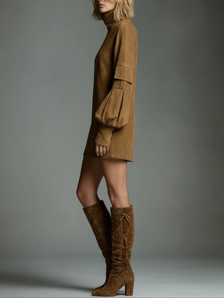 Severina | Mini Abito Oversize Effetto Suede con Collo Alto