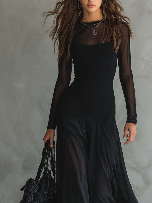 Maxi Abito Nero in Tulle Patchwork dal Taglio Ampio