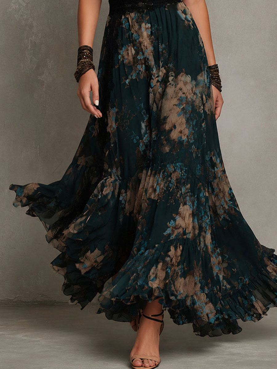 Jolanda | Abito Lungo in Chiffon Vintage Verde Scuro con Pizzo Floreale