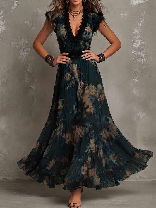 Jolanda | Abito Lungo in Chiffon Vintage Verde Scuro con Pizzo Floreale