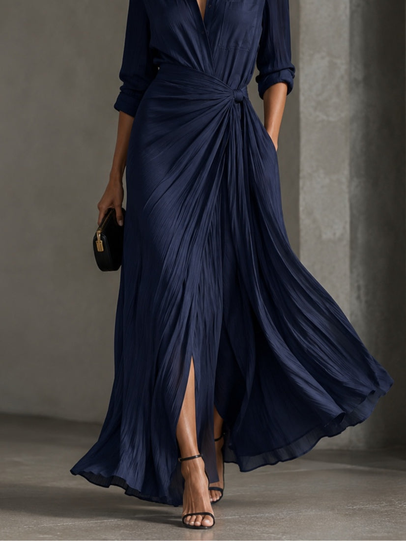 Romina | Elegante Abito Chemisier Maxi Blu Marino con Nodo