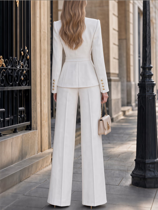 Candida | Blazer Peplum con Revers Pieghettato e Bottone Singolo Bianco & Set di Pantaloni a Gamba Larga