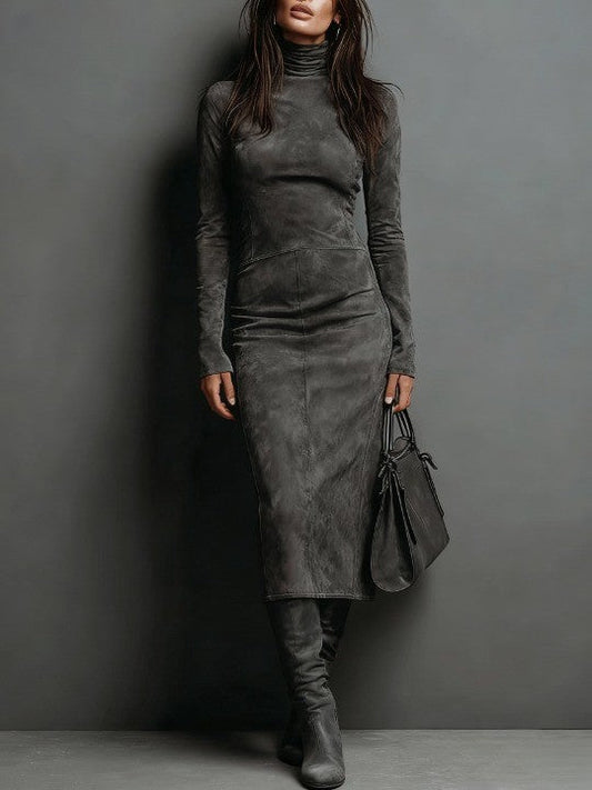 Lorena | Abito Midi Effetto Suede con Collo Alto e Maniche Lunghe