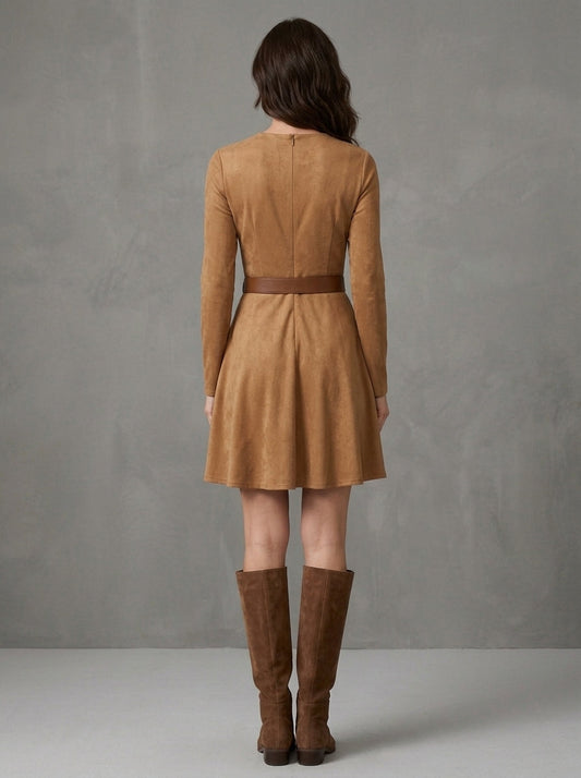 Rosita | Mini Abito Effetto Suede con Cintura e Gonna a Ruota, Cammello