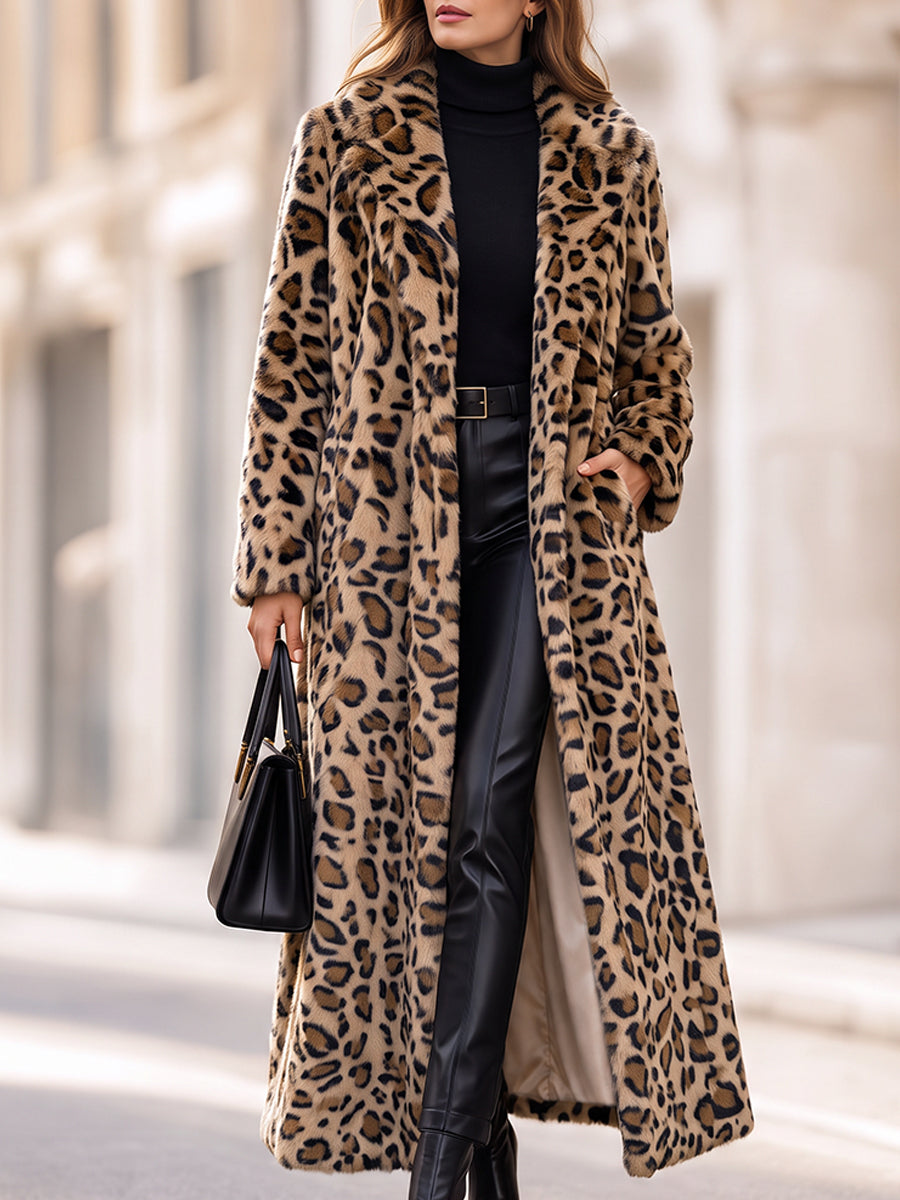 Selvaggia | Cappotto Lungo Leopardato in Pelliccia Sintetica con Cintura