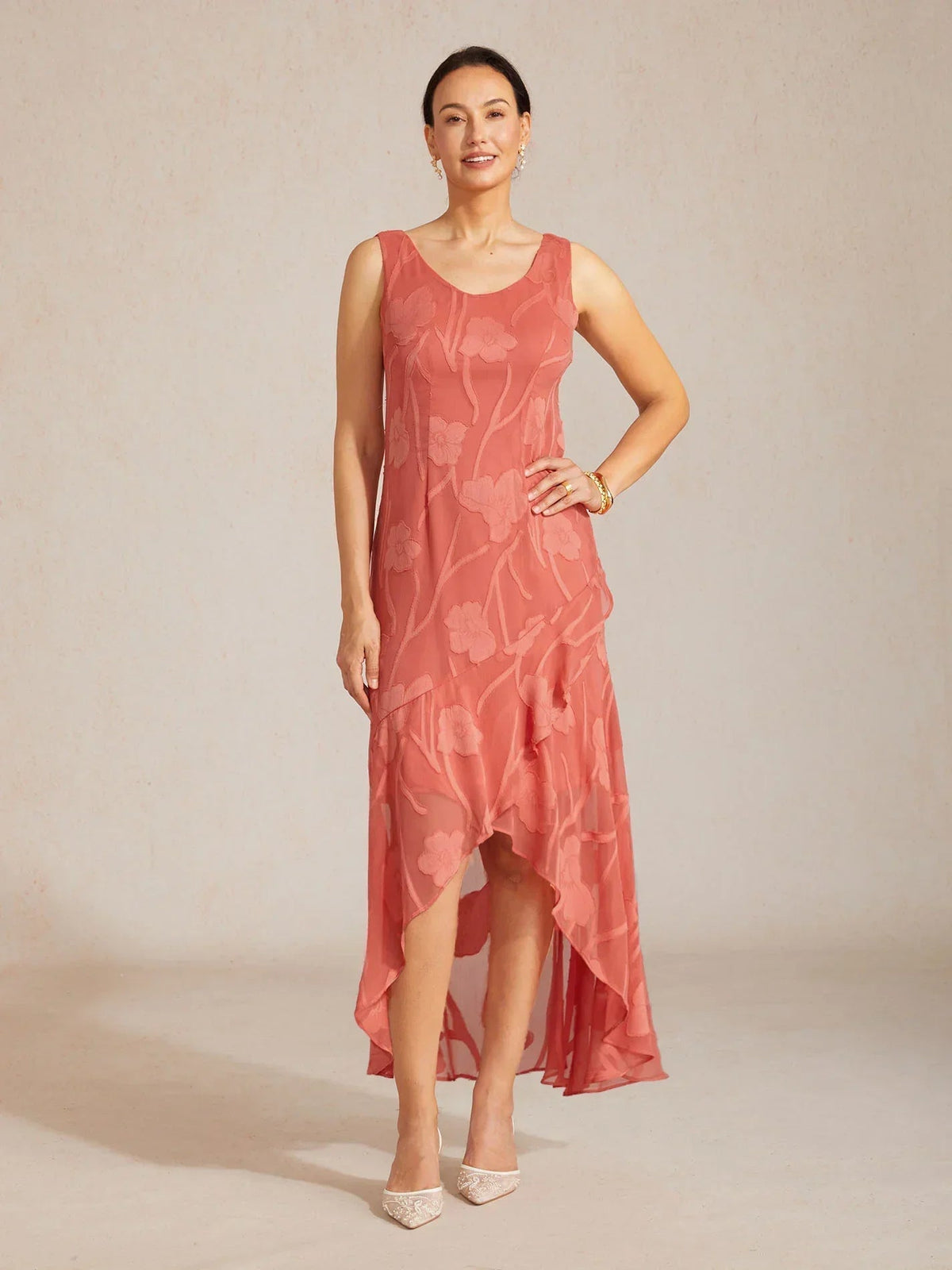 Stefania | Abito da Sera in Chiffon a Motivi Floreali con Orlo Asimmetrico