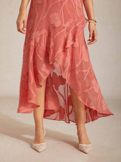 Stefania | Abito da Sera in Chiffon a Motivi Floreali con Orlo Asimmetrico