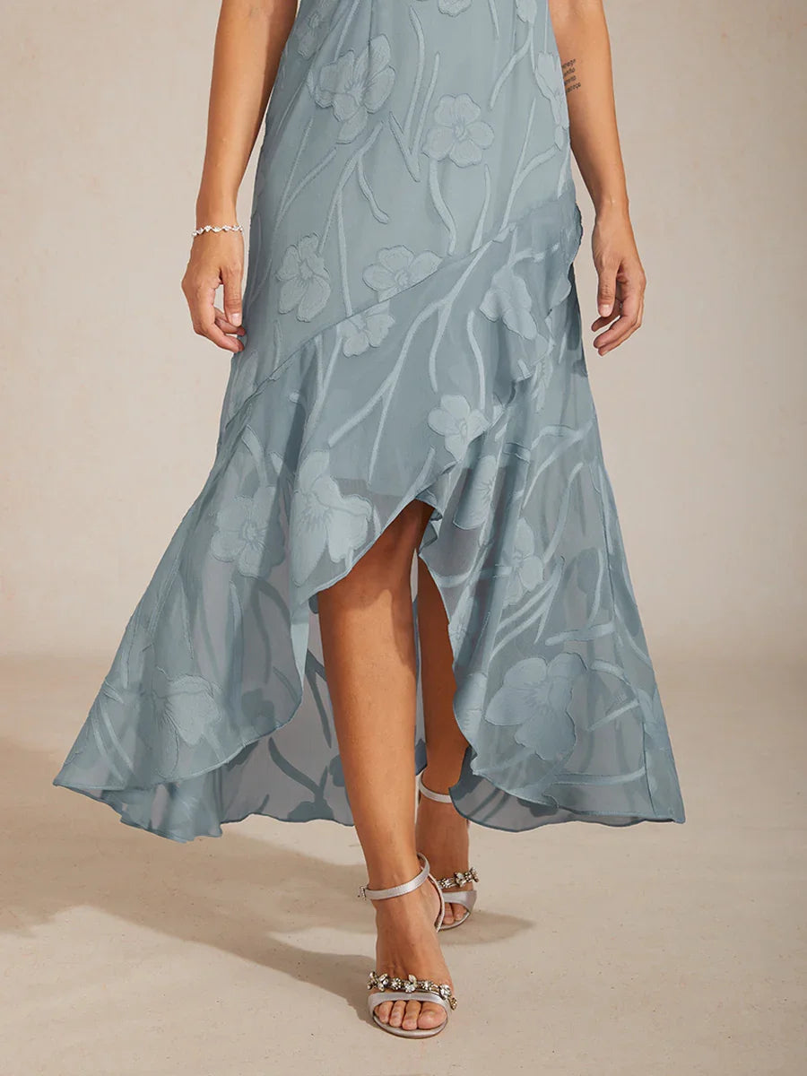 Stefania | Abito da Sera in Chiffon a Motivi Floreali con Orlo Asimmetrico