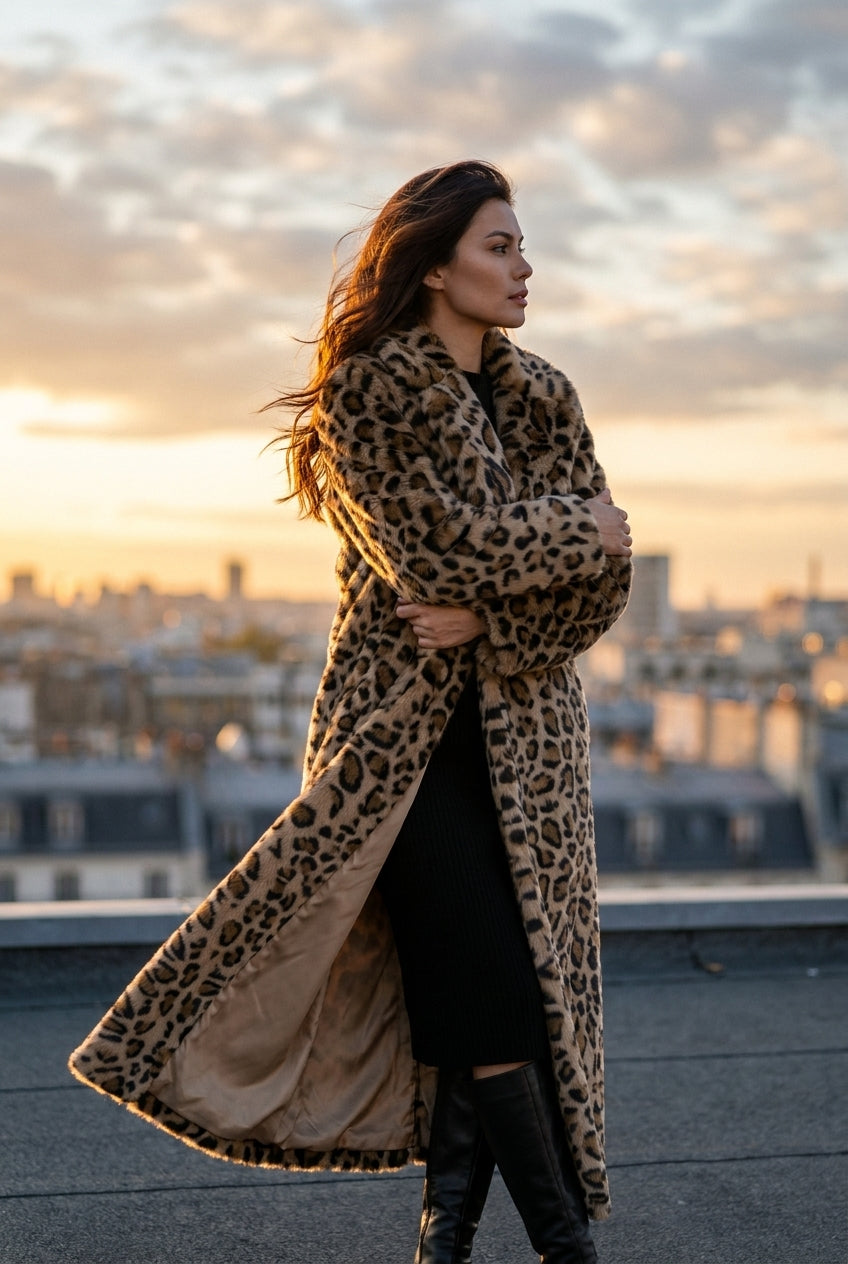 Selvaggia | Cappotto Lungo Leopardato in Pelliccia Sintetica con Cintura