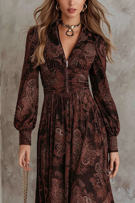 Loredana | Abito Maxi Marrone Stampa Cachemire con Zip in Vita