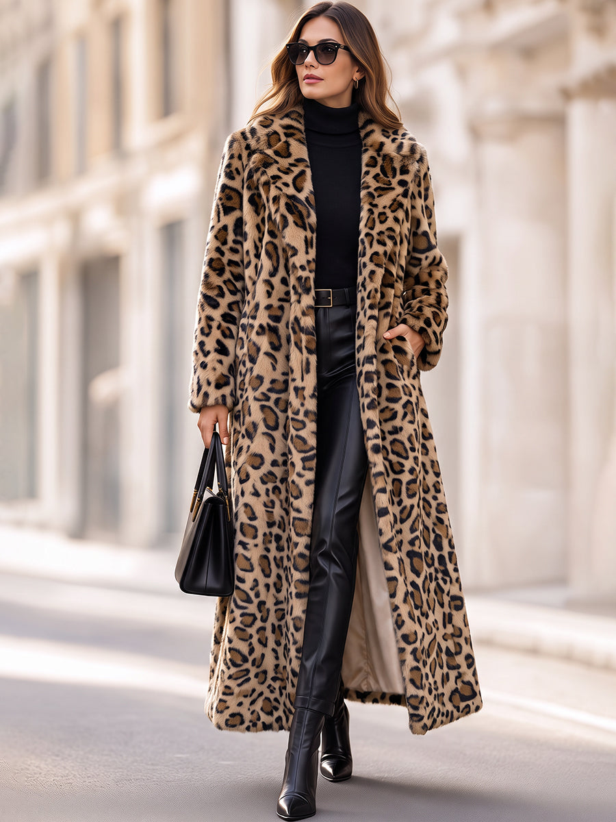 Selvaggia | Cappotto Lungo Leopardato in Pelliccia Sintetica con Cintura