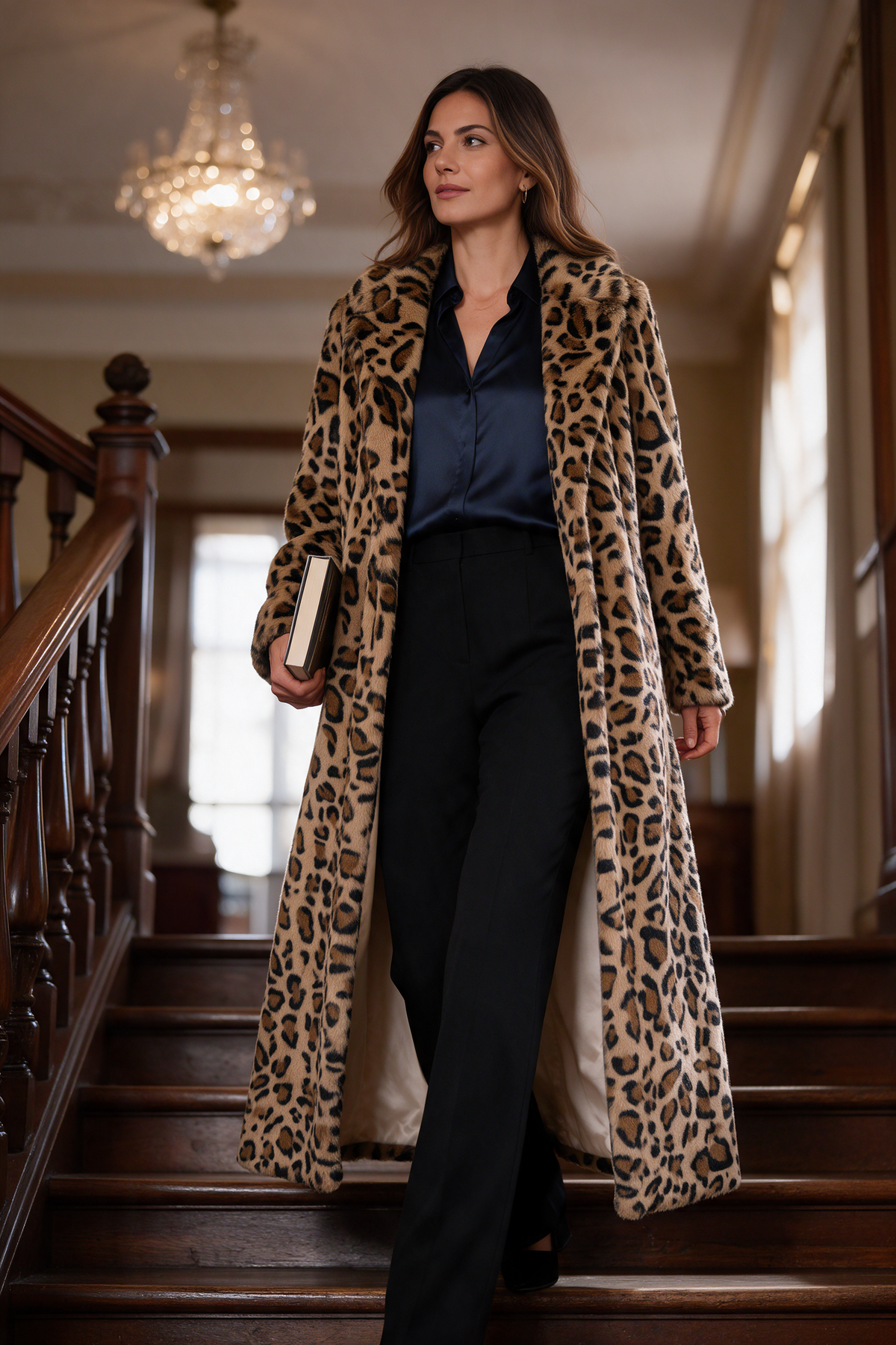 Selvaggia | Cappotto Lungo Leopardato in Pelliccia Sintetica con Cintura