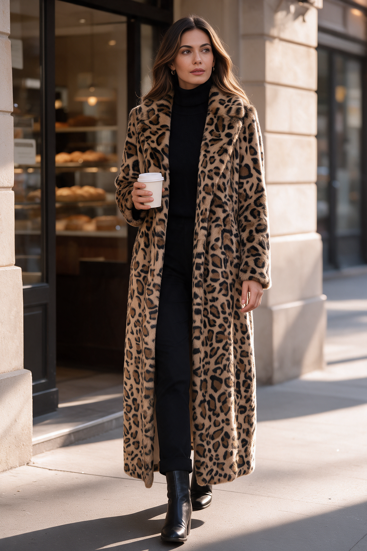 Selvaggia | Cappotto Lungo Leopardato in Pelliccia Sintetica con Cintura