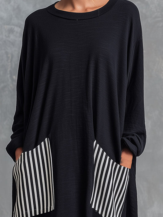 Martina | Abito Lungo Oversize in Cotone Nero con Righe in Stile Patchwork