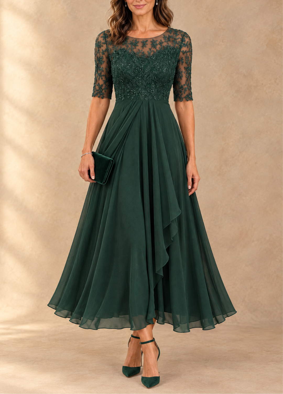 Abella | Abito Lungo con Corpetto in Pizzo e Gonna in Chiffon a Cascata