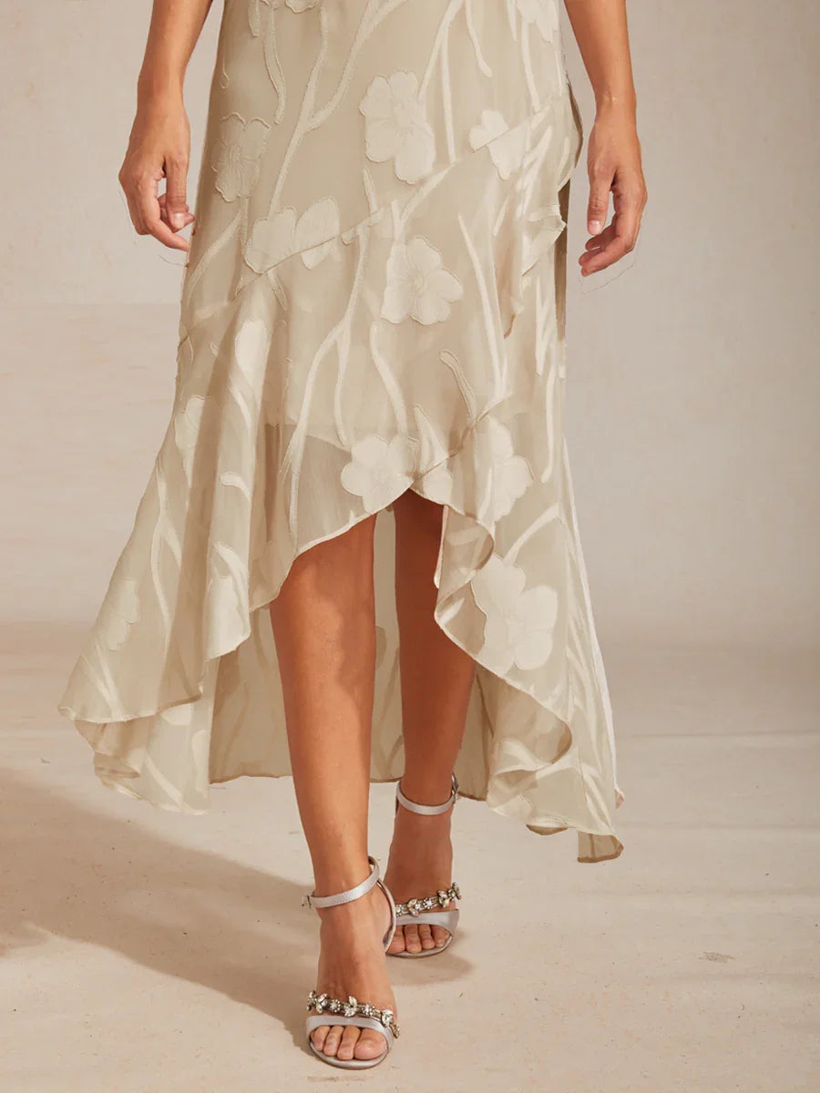 Stefania | Abito da Sera in Chiffon a Motivi Floreali con Orlo Asimmetrico