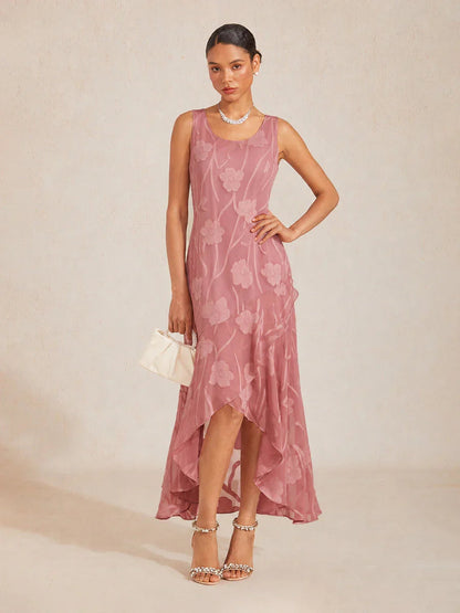 Stefania | Abito da Sera in Chiffon a Motivi Floreali con Orlo Asimmetrico