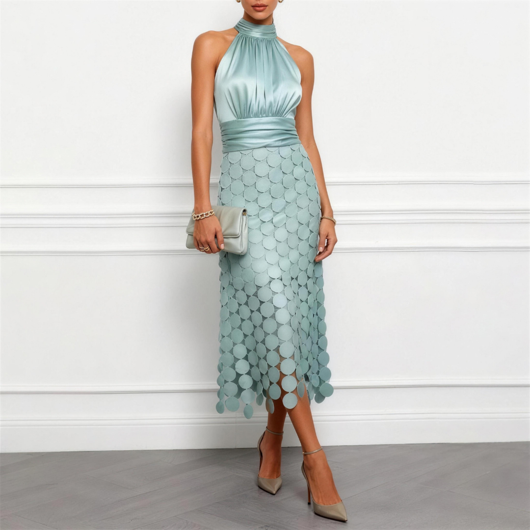 Erminia | Abito Midi in Raso con Collo all'Americana e Gonna a Dischi