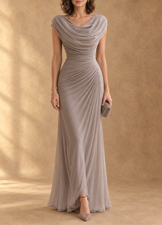 Liana | Abito Lungo in Rete Drappeggiata con Collo a Cascata e Maniche ad Aletta