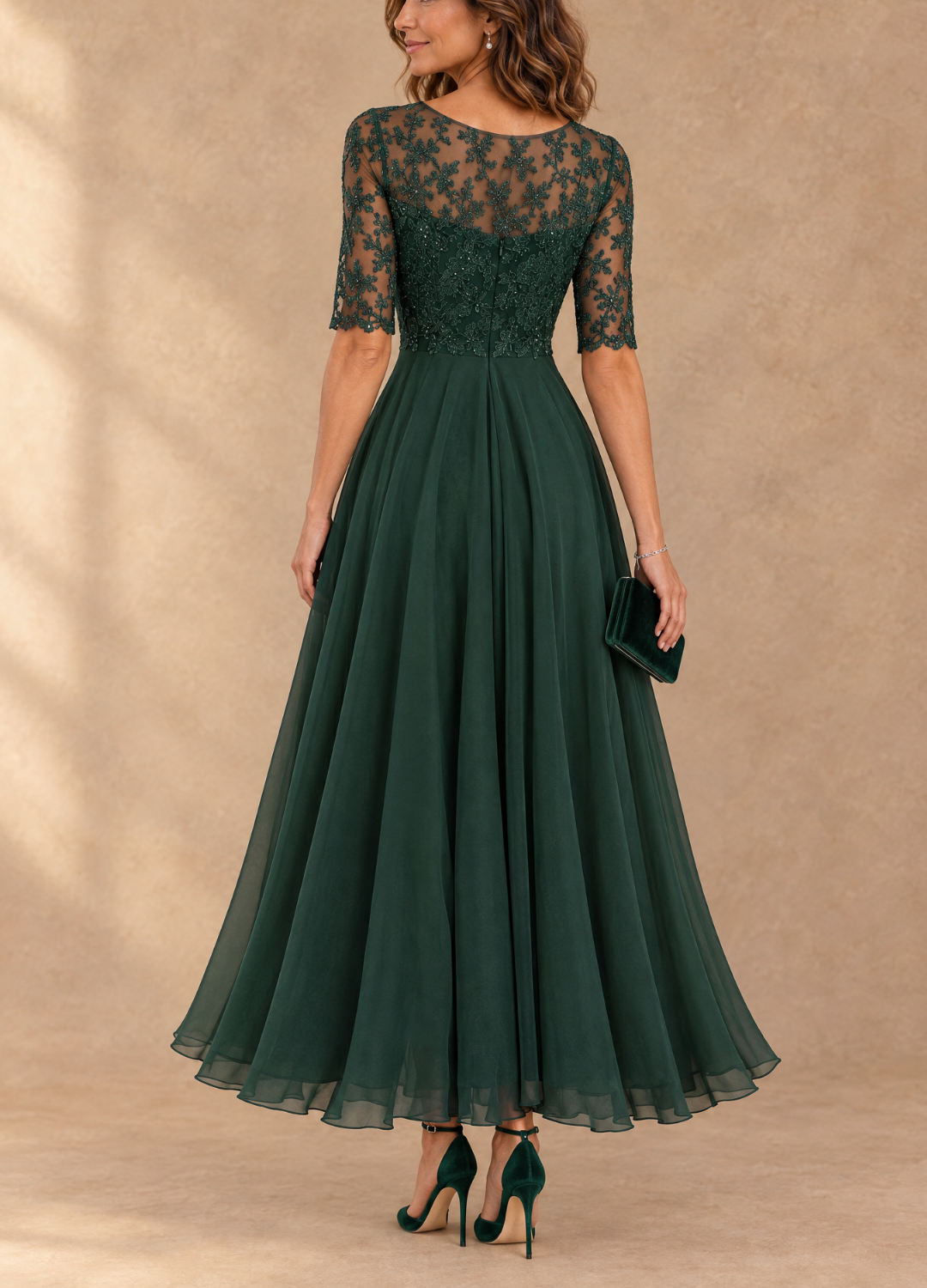 Abella | Abito Lungo con Corpetto in Pizzo e Gonna in Chiffon a Cascata