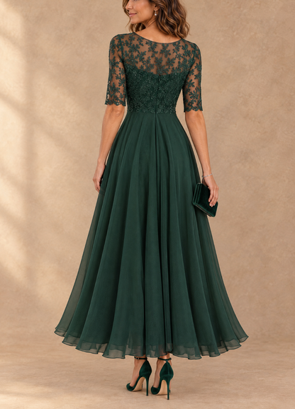 Abella | Abito Lungo con Corpetto in Pizzo e Gonna in Chiffon a Cascata