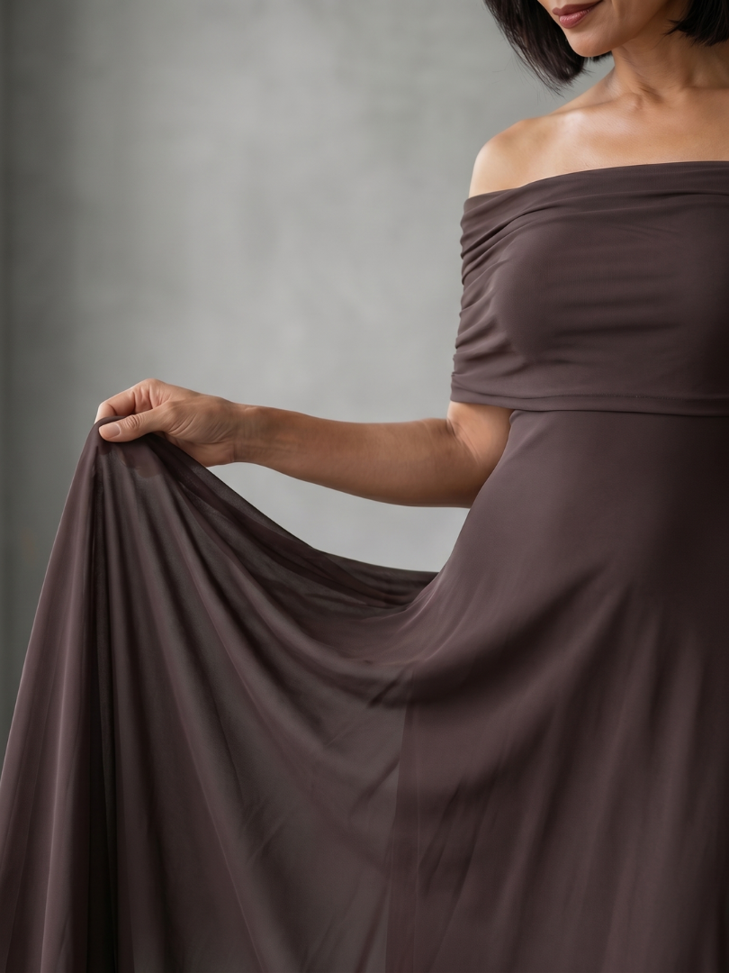 Gioia | Abito Midi con Spalle Scoperte e Drappeggi