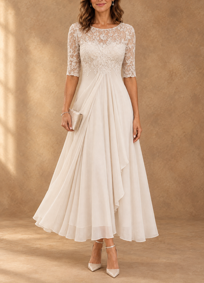 Abella | Abito Lungo con Corpetto in Pizzo e Gonna in Chiffon a Cascata