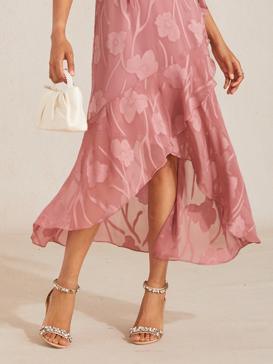 Stefania | Abito da Sera in Chiffon a Motivi Floreali con Orlo Asimmetrico