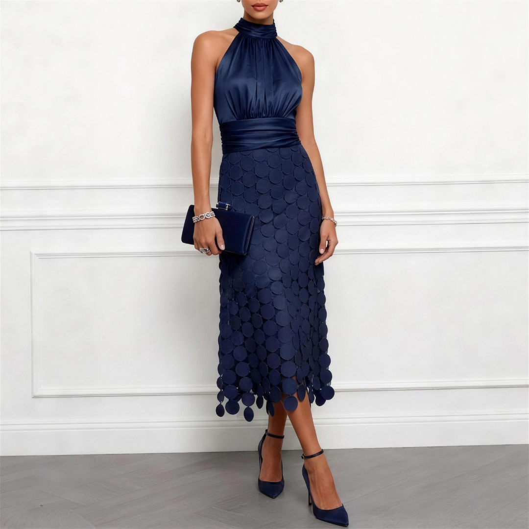 Erminia | Abito Midi in Raso con Collo all'Americana e Gonna a Dischi