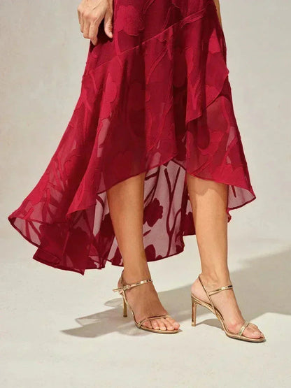 Stefania | Abito da Sera in Chiffon a Motivi Floreali con Orlo Asimmetrico