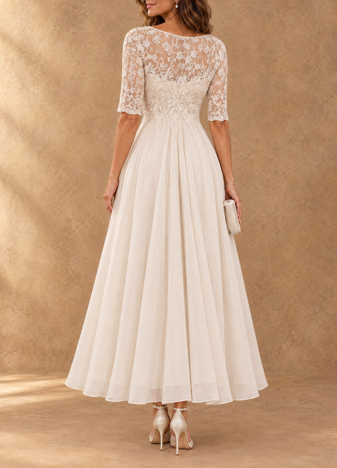 Abella | Abito Lungo con Corpetto in Pizzo e Gonna in Chiffon a Cascata