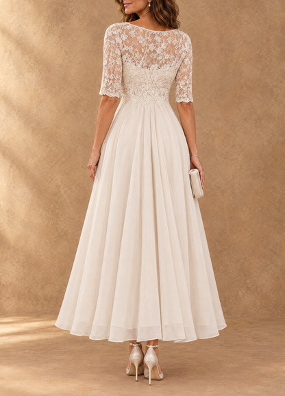 Abella | Abito Lungo con Corpetto in Pizzo e Gonna in Chiffon a Cascata