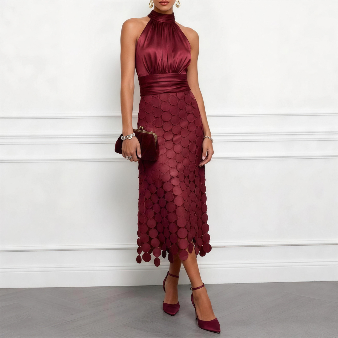 Erminia | Abito Midi in Raso con Collo all'Americana e Gonna a Dischi