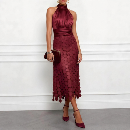 Erminia | Abito Midi in Raso con Collo all'Americana e Gonna a Dischi