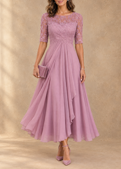 Abella | Abito Lungo con Corpetto in Pizzo e Gonna in Chiffon a Cascata