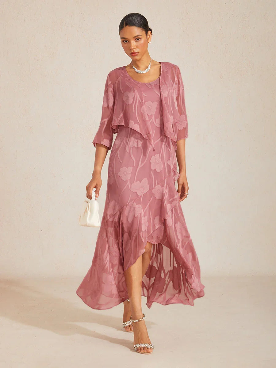 Stefania | Abito da Sera in Chiffon a Motivi Floreali con Orlo Asimmetrico