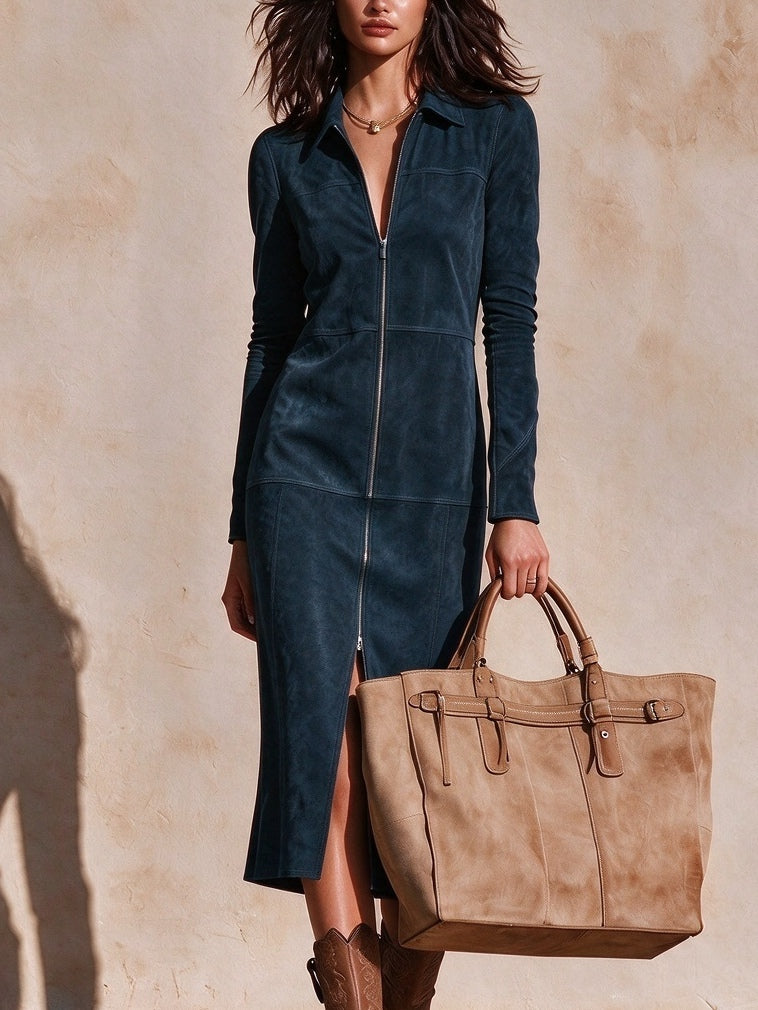 Genoveffa | Abito Midi Dritto in Finta Suede con Zip Anteriore Blu Navy