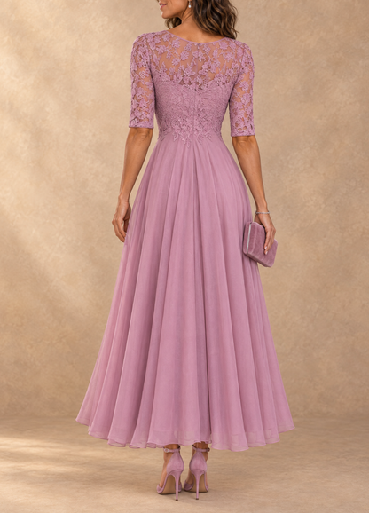 Abella | Abito Lungo con Corpetto in Pizzo e Gonna in Chiffon a Cascata