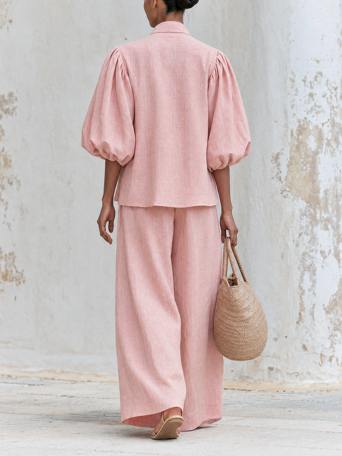 Edvige | Completo Top con Maniche a Sbuffo e Fiocco e Pantaloni a Gamba Larga Rosa Cipria (misto lino)