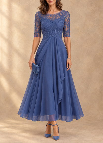 Abella | Abito Lungo con Corpetto in Pizzo e Gonna in Chiffon a Cascata