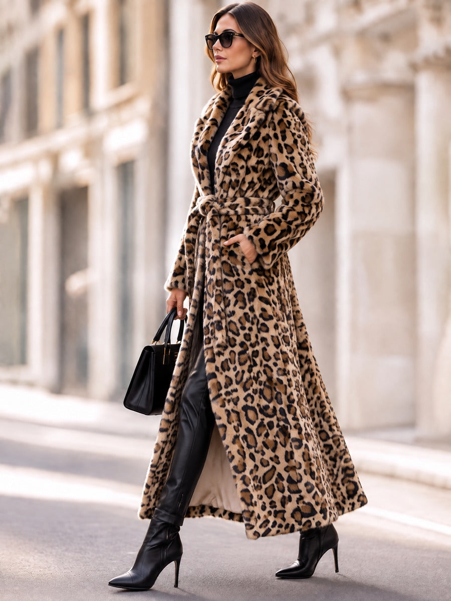 Selvaggia | Cappotto Lungo Leopardato in Pelliccia Sintetica con Cintura