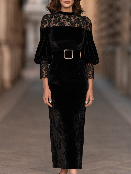 Fulvia | Abito Midi in Velluto Nero con Pizzo, Maniche a Palloncino e Cintura con Perle