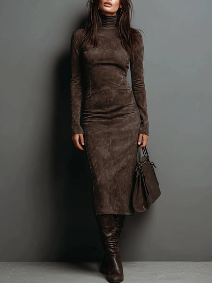 Lorena | Abito Midi Effetto Suede con Collo Alto e Maniche Lunghe