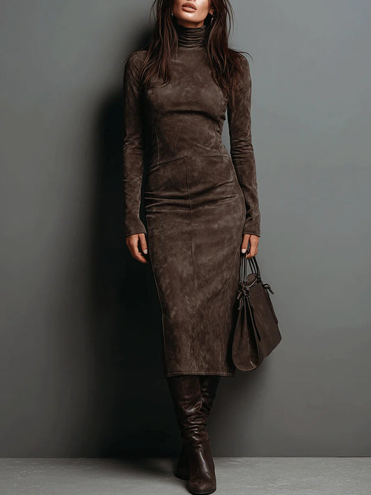 Lorena | Abito Midi Effetto Suede con Collo Alto e Maniche Lunghe