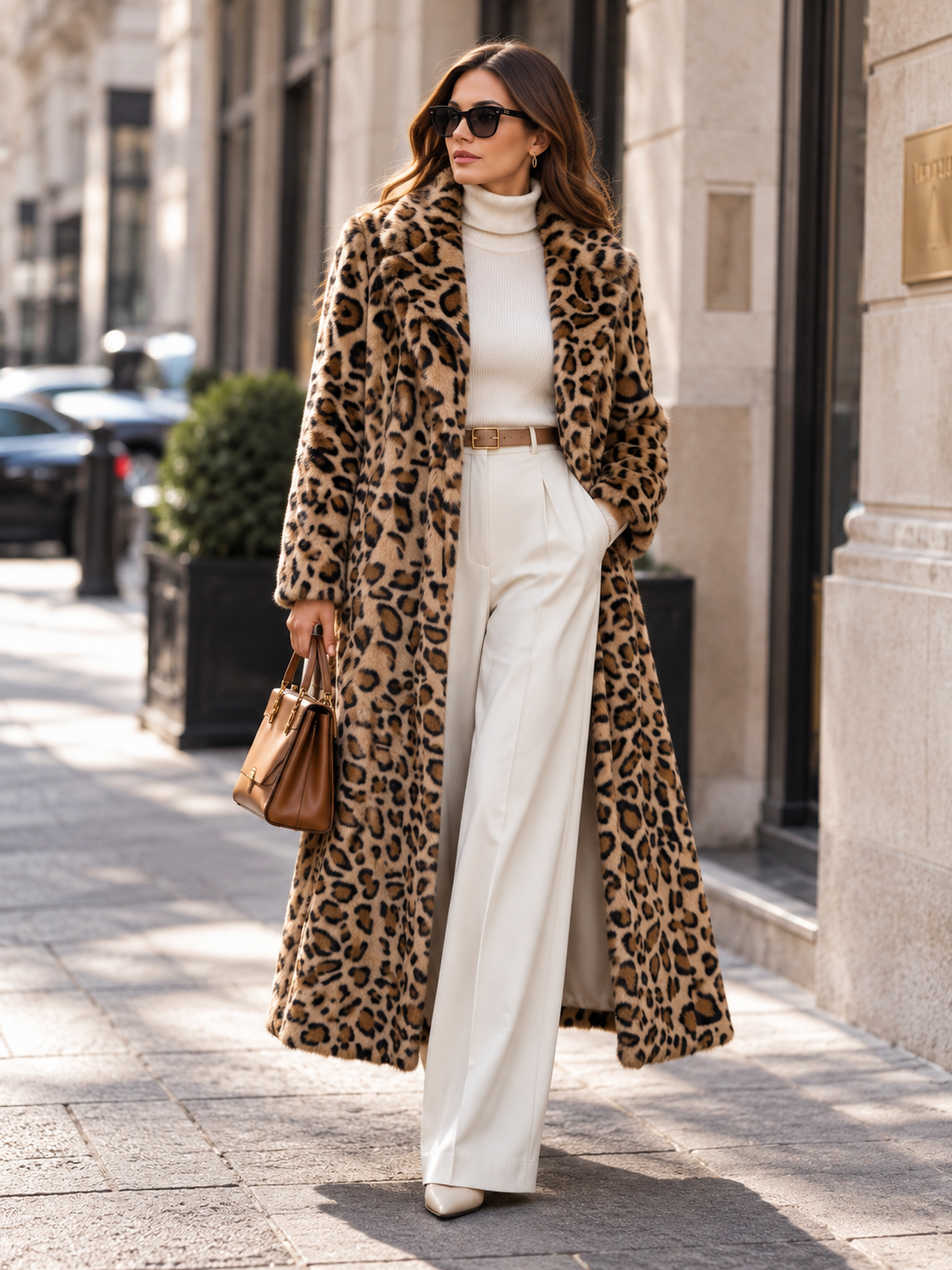 Selvaggia | Cappotto Lungo Leopardato in Pelliccia Sintetica con Cintura